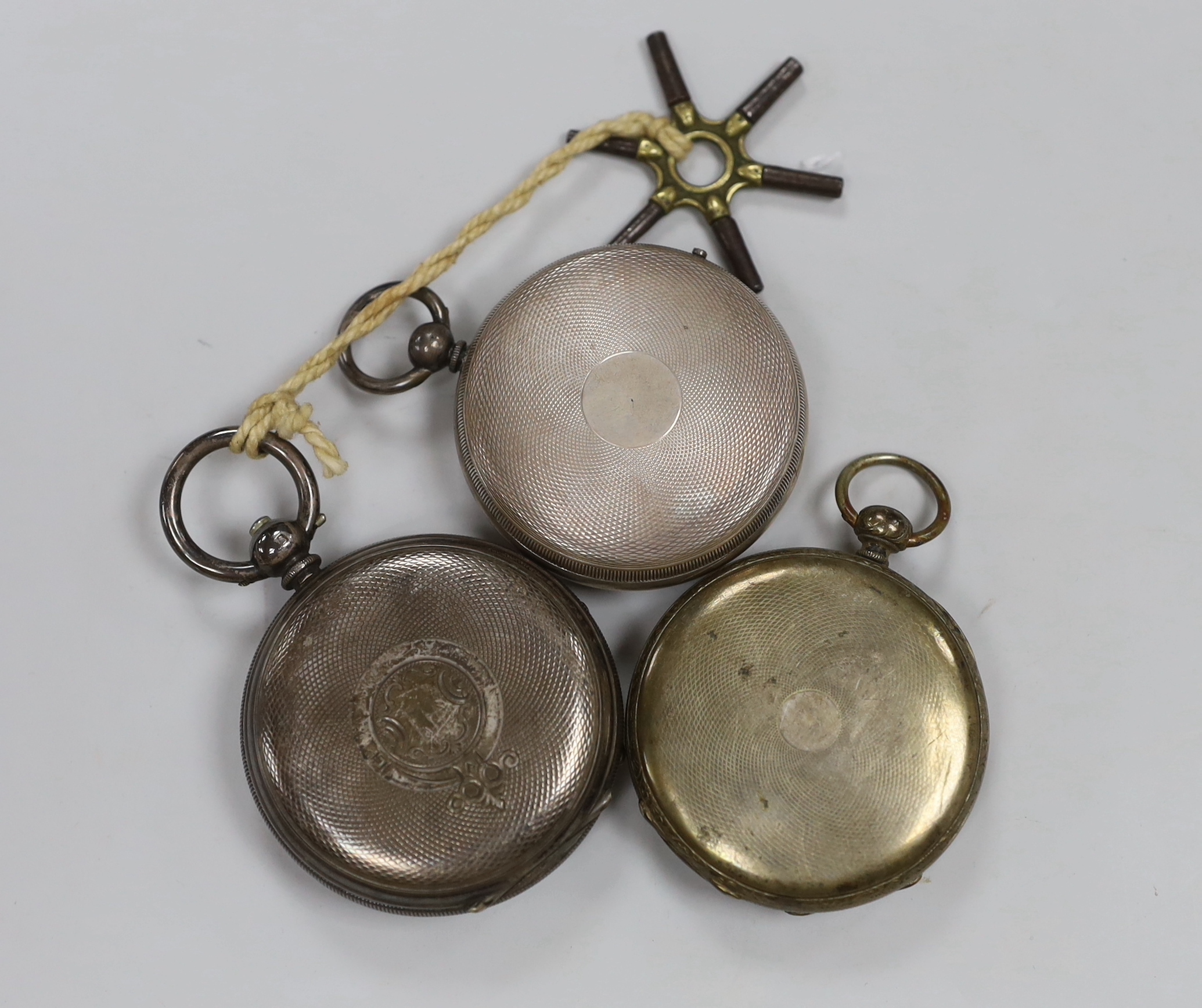 A silver cased pocket barometer, by E. Lennie of Edinburgh, diameter 50mm in original case and two open faced pocket watches, including one late Victorian silver.